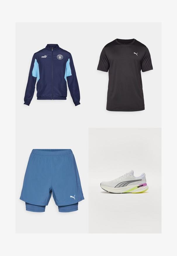 Marineblauwe sportjas met lichtblauwe accenten, volledige rits, staande kraag, elastische manchetten en met het Manchester City-logo op de borst.; Zwart atletisch T-shirt gemaakt van vochtafvoerende stof, ronde hals, korte mouwen, met een klein wit logo op de linkerborst.; Blauwe Puma sportshorts met een gelaagd ontwerp, voorzien van een elastische tailleband, een gladde textuur en een wit logo op het onderbeen.; Witte sport schoen met ademende mesh bovenkant, zwarte accenten en een meerkleurige zool met paarse en groene details.
