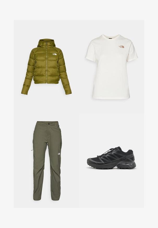 Πουκάμισο κοντό πράσινο με επένδυση, με φερμουάρ μπροστά, κουκούλα και δύο πλαϊνές τσέπες. Διαθέτει λογότυπο στο στήθος και λεία, γυαλιστερή υφή.; Βαμβακερό T-shirt σε off-white απόχρωση με κοντά μανίκια. Διαθέτει το λογότυπο "The North Face" σε καφέ χρώμα στην αριστερή πλευρά του στήθους. Κλασικός σχεδιασμός με στρογγυλή λαιμόκοψη.; The North Face EXPLORATION PANTS - Παντελόνι εξωτερικού χώρου - new taupe green; Μαύρο αθλητικό παπούτσι με επάνω μέρος από δίχτυ και συνθετικό υλικό, ευλύγιστη σόλα και ελαστικά κορδόνια. Διαθέτει επένδυση στη σόλα για άνεση.