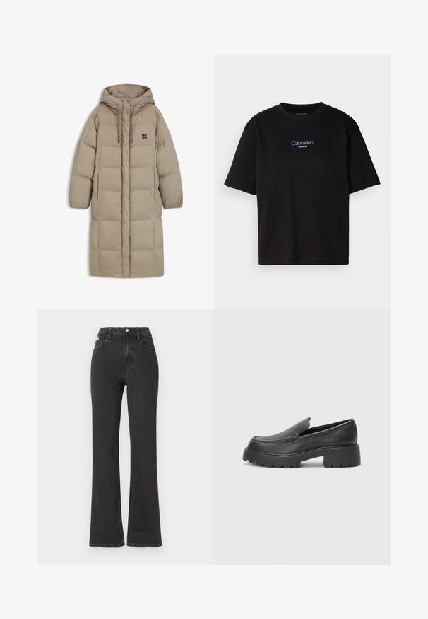 Abrigo acolchado beige con capucha, que presenta un diseño acolchado, detalles con cordón y un pequeño logo negro en el pecho. Mangas largas y sueltas.; Camiseta de algodón negra con cuello redondo, manga corta y el logotipo azul bordado de "Calvin Klein JEANS" en el frente.; Jeans de cintura alta negros en tejido de mezclilla, con cierre de botón, presillas para cinturón y bolsillos laterales. Textura suave con un desvanecimiento mínimo.; Mocasines de piel negra con punta redondeada, suela texturizada gruesa y mínimos detalles de costura. Diseño elegante sin cordones o herrajes visibles.