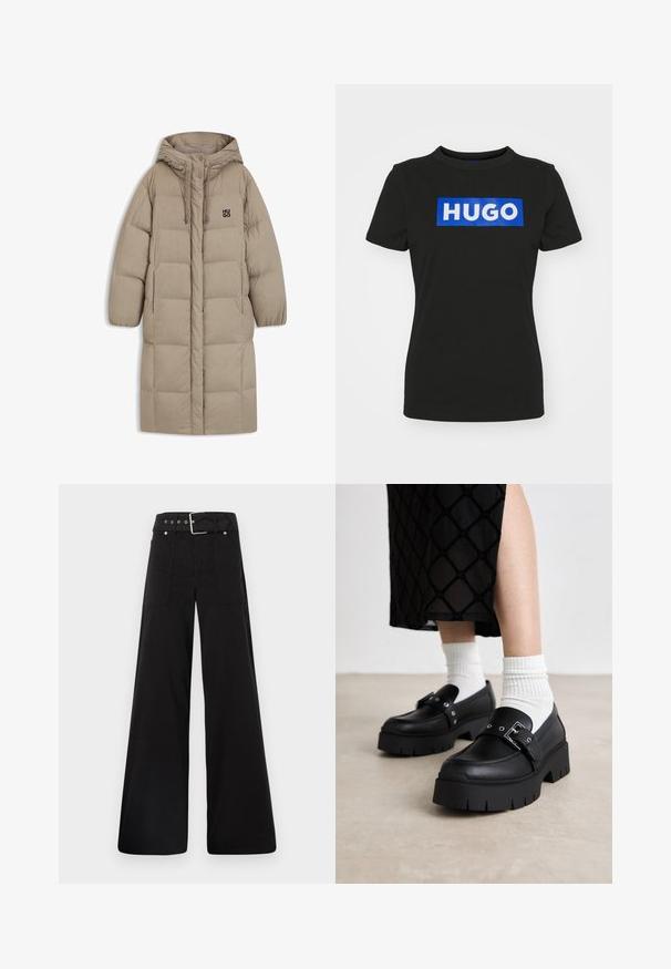 Geacă puf bej cu glugă, cu un design matlasat, detalii cu șnur și un mic logo negru pe piept. Mâneci lungi și lejere.; Tricou negru cu mânecă scurtă, confecționat din bumbac, având un grafic rectangular mare de culoare albastră cu cuvântul "HUGO" scris cu litere albe, îndrăznețe.; Pantaloni negri cu croială largă, confecționați din bumbac, cu talie înaltă, buzunare laterale mari și talie prevăzută cu brâu cu accente din metal argintiu.; Loaferi negri cu talpă platformă, din piele netedă, având un detaliu cu cataramă și accente cu cuie, asociați cu șosete albe cu dungi.