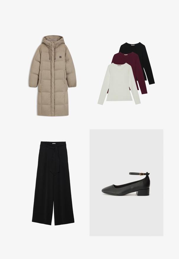 Beige puhviste mantli kapuutsi ja sisseõmmeldud mustri, nööri aktsentide ja väikese musta logoga rinna piirkonnas. Pikad, laiad varrukad.; Pikad varrukad T-särgid valges, burgundis ja mustas. Valmistatud pehmest kangast, ümmarguse kaelusega ja keha lähedase kujundusega. Sobivad kihiliseks kandmiseks.; Mustad laiad püksid, millel on tekstureeritud kangas, elastne vöökoht ja eemaldatav pael vööst, et reguleerida sobivust.; Must mustaapp, millel on terav nina ja madal blokk-kand. Omab pahkluu rihma koos kuldse tooni pandlaga. Sile tekstuur.