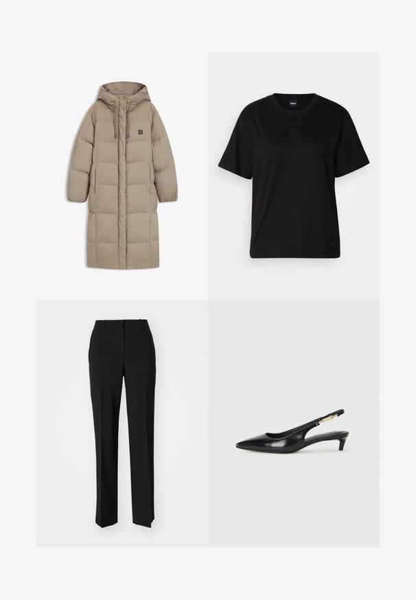 Béžová péřová bunda s kapucí, s prošívaným vzorem, detaily se stahovacími šňůrkami a malým černým logem na hrudi. Dlouhé, volné rukávy.; Černé bavlněné tričko s kulatým výstřihem, krátkými rukávy a vyšitým logem na hrudi. Jednoduchý, volný střih bez vzorů.; Černé kalhoty na míru se střihem do rovna, které mají hladkou texturu a ostré sklady na přední straně. Bez viditelného kování.; Černé kožené boty na podpatku s otevřenou patou a špičatou špičkou, s tenkým podpatkem a zlatým akcentem na nastavitelném pásku. Hladký povrch.