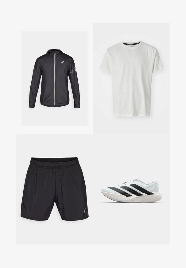 Crna lagana jakna od sintetičkog materijala, s punim zatvaračem, kapuljačom i reflektirajućim detaljima na rukavima.; ASICS GAME - Osnovna majica kratkih rukava - cream; Crne tajice za sport izrađene od laganog materijala, s elastičnom tregrom i malim logom na donjoj lijevoj strani.; Lagane tenisice za trčanje u svijetloplavoj boji s crnim trakama. Imaju glatku gornju površinu, okrugli vrh i debeli bijeli srednji sloj označen "LIGHTSTRIKE PRO."