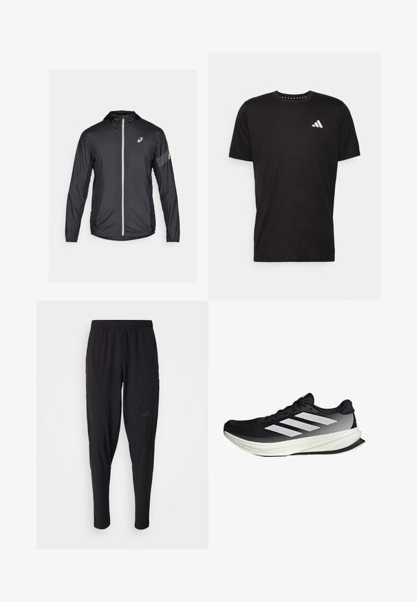 Zwarte lichte jas van synthetisch materiaal, voorzien van een volledige rits, capuchon en reflecterende accenten op de mouwen.; Zwarte katoenen t-shirt met korte mouwen, ronde hals en een wit logo op de linkerkant van de borst. Gladde textuur en eenvoudig ontwerp.; Zwarte sportbroek met een elastische tailleband, taps toelopend ontwerp, zijzakken en subtiele logodetails. Gemaakt van flexibele, ademende stof.; Zwarte sportieve schoen met een mesh ontwerp, voorzien van witte strepen, een ronde neus en een gestructureerde zool voor grip en ondersteuning.