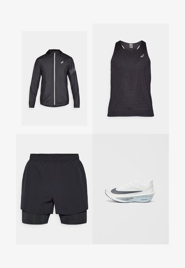 Fekete, könnyű dzseki szintetikus anyagból, teljes cipzárral, kapucnival és fényvisszaverő részletekkel az ujjakon.; Fekete sportos atlétika felső V-nyakkal, texturált geometrikus mintákkal és fényvisszaverő logóval a bal felső oldalon. Könnyű anyag.; Fekete sportos rövidnadrág, elasztikus derékpánttal, réteges kialakítással és illeszkedő belső béléssel. Simas textúra, a kényelem érdekében tervezve.; Fehér sportcipő szürke hálós felsőrésszel, kék ZoomX hab középtalppal és ívelt talppal a fokozott propulzió és kényelem érdekében.