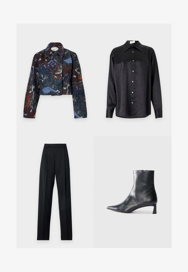 Henrik Vibskov DARTBI JACKET - Light jacket - gobelin goats; Black long-sleeve shirt with a collared neckline, featuring a crinkled texture, full button front, and cuffs. Made from a smooth fabric.; Black trousers made from smooth fabric featuring a high waist, wide legs, front pleats, and classic belt loops. No side pockets visible.; Black leather ankle boot with a pointed toe and a sleek design. Features a low heel and a zipper closure at the back. Smooth texture.