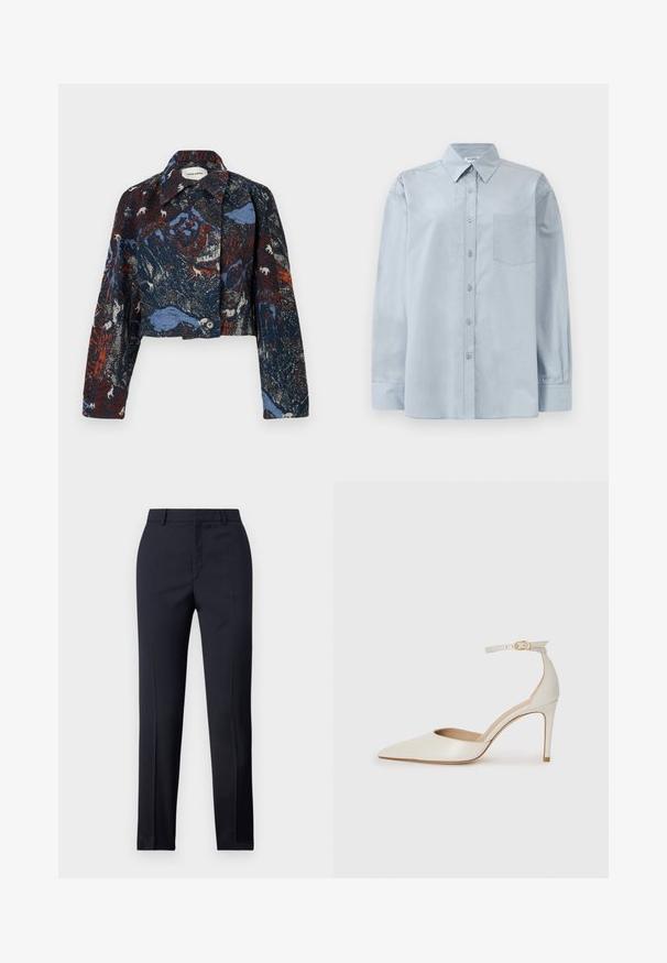 Henrik Vibskov DARTBI JACKET - Veste mi-saison - gobelin goats; Chemise boutonnière à manches longues, de couleur bleu clair, avec un col pointu et une poche poitrine, posée à plat sur un fond blanc.; Pantalons ajustés bleu marine avec une coupe droite, présentant une texture lisse, deux poches avant et une taille épurée.; Chaussure à talon haut en cuir blanc avec un bout pointu, une bride de cheville et un talon aiguille fin. Texture lisse avec une finition légèrement brillante.