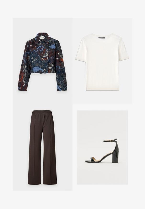 Henrik Vibskov DARTBI JACKET - Jachetă subțire - gobelin goats; Top tricotat alb cu mânecă scurtă, cu decolteu rotund, având o textură netedă și accente subtile cu nervuri la mâneci și la margine.; Pantaloni largi dintr-o țesătură maro închis cu un tiv elastic, având o textură netedă și linii curate pentru un aspect elegant.; Sandal cu toc lat din piele lacuită neagră, cu vârf deschis și curea pentru gleznă, având o cataramă aurie. Textură netedă și design elegant.