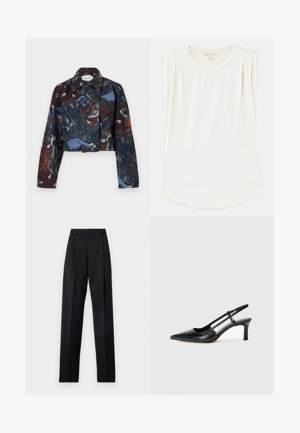 Henrik Vibskov DARTBI JACKET - Chaqueta de entretiempo - gobelin goats; Top blanco sin mangas de tela suave, con escote redondo y sutiles pliegues en los hombros, con un dobladillo curvado.; Pantalones negros de tela suave con cintura alta, piernas amplias, pliegues frontales y lazos de cinturón clásicos. No hay bolsillos laterales visibles.; Tacón slingback negro de charol con punta afilada, que presenta un estampado de serpiente texturizado, correa ajustable y un tacón bloque corto y texturizado.