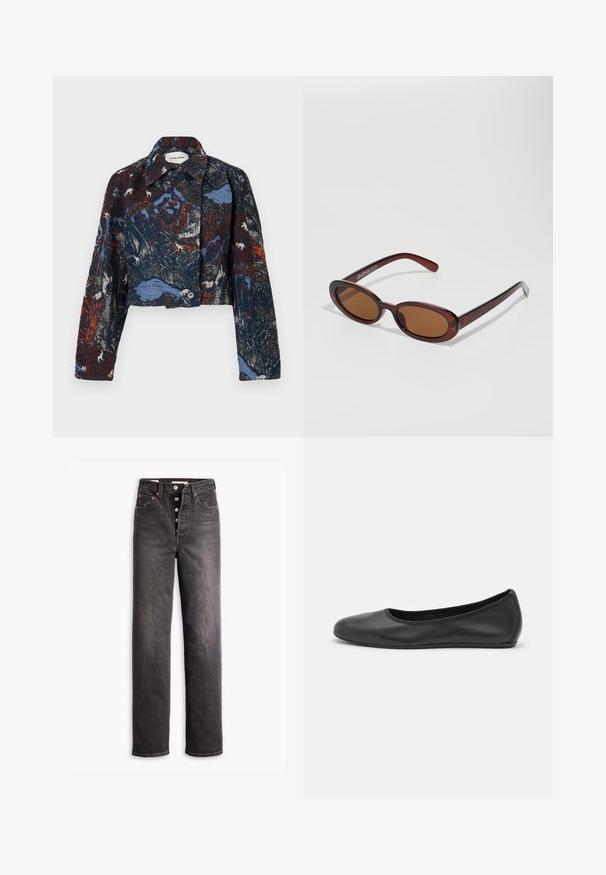 Henrik Vibskov DARTBI JACKET - Veste mi-saison - gobelin goats; Crop top noir sans manches en tissu lisse. Présente des bretelles spaghetti fines et un décolleté plongeant, avec une coupe ajustée.; Jean noir taille haute avec une coupe droite, fabriqué en denim. Il comporte un bouton de fermeture, des accents en cuivre et des coutures contrastées.; Ballerines en cuir noir avec un bout rond, texture lisse, détails de couture minimalistes et design de semelle flexible.; Lunettes de soleil rondes teinte brun avec une monture bordeaux brillante. Branches fines avec un détail de marque subtil. Design de verres plats.