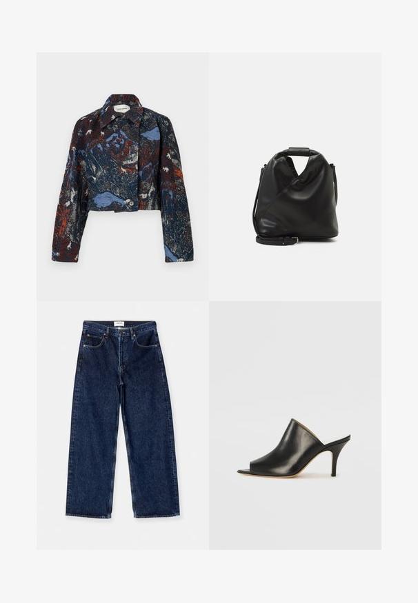 Henrik Vibskov DARTBI JACKET - Übergangsjacke - gobelin goats; Schwarzes, geripptes Tanktop mit rundem Ausschnitt und besticktem Logo in Weiß. Der Stoff hat eine glatte Textur und eine körperbetonte Passform.; Dunkelblaue Jeans im weit geschnittenen Stil mit hoher Taille, Fronttaschen und einer glatten Textur mit dezenten Nähten.; Schwarze Leder- offene Zehen-Mules mit einem eleganten, geschwungenen Design, hohem Stiletto-Absatz und glatter Textur. Das Innere weist eine kontrastierende hellere Farbe auf.; Schwarze, weiche Ledertasche mit einem einzigartigen verdrehten Design. Hat einen kurzen Griff und einen abnehmbaren Schultergurt. Minimalistischer Stil.