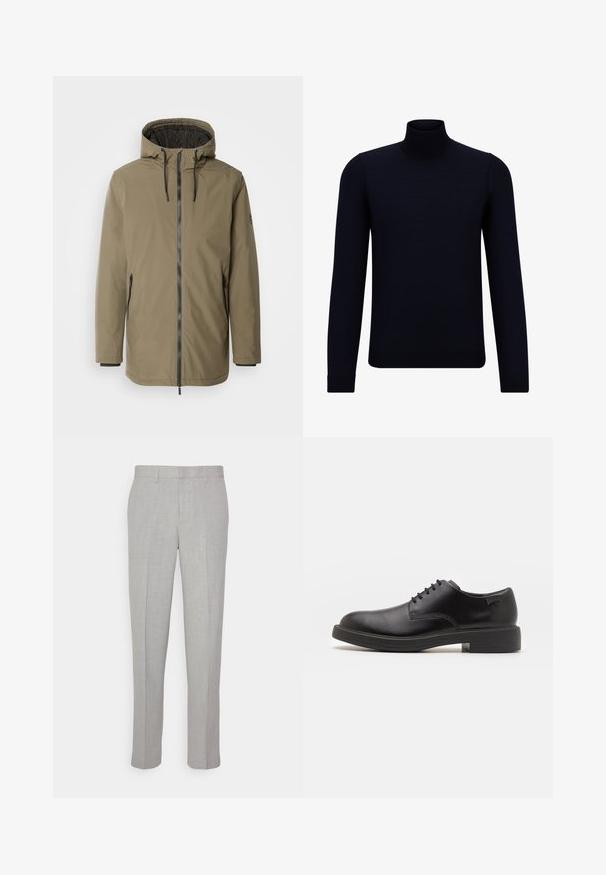 INDICODE JEANS - Kurtka zimowa; Ciemnoniebieski sweter typu golf wyk wykonany z delikatnej dzianiny, z długimi rękawami i dopasowanym, wysokim kołnierzem. Brak widocznych wzorów lub akcentów.; Jasnoszare spodnie o gładkiej fakturze, z płaskim przodem i prostymi nogawkami. Wykonane z przewiewnej tkaniny, z wewnętrznymi kieszeniami i pętelkami na pasek.; Czarny skórzany but za kostkę z okrągłym noskiem, gładką fakturą, minimalnym przeszyciem i niskim gumowym obcasem. Logo na pięcie.