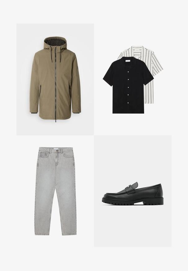 INDICODE JEANS Vinterjakke - olive; To korte ermer skjorter: en i ensfarget svart, en hvit med svarte vertikale striper. Begge har knappelukkinger og klassisk krage.; Lys grå denimbukser med rett ben-design, fem lommer og knappelukking. Synlig søm langs sømmene.; Sorte lærloafere med rund tå, med en syddesign, lav plattformsåle og en teksturert, ruggede gummisåle.