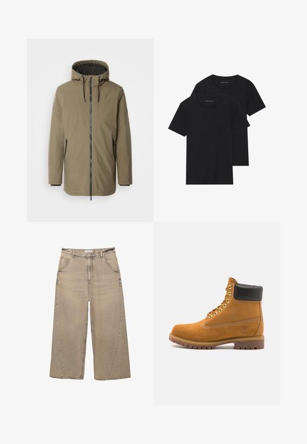 INDICODE JEANS Zimní bunda - olive; Dvě černé bavlněné tričko s krátkým rukávem, kulatým výstřihem a hladkou texturou, vystavené naskládané k sobě.; PULL&BEAR MEGA BAGGY - Baggy džíny - light grey; Hnědé semišové kotníkové boty s černým polstrovaným límcem, zlatými kovovými očky, bílým prošíváním a odolnou gumovou podrážkou s výraznými drážkami.