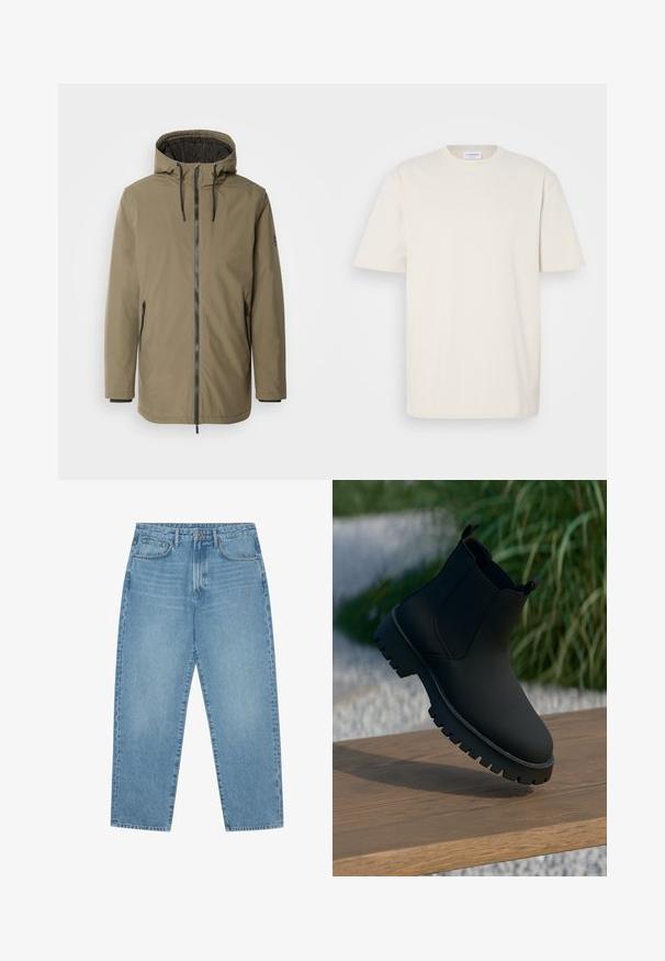 INDICODE JEANS Talvejope - olive; Lühikeste varrukatega T-särk kreemjas värvuses, valmistatud puuvillast. Klassikaline ümmargune kaelus, otsekandriga lõige ja minimaalsed õmblused.; Heledad tumesinised lai jalgadega teksad kõrge vöökohtaga, millel on viis taskut, vöökohad ja pehme, kergelt pleekinud tekstuur.; Mustad mustasaapad siledast viimistlusest, elastsete külg-paneelidega ja paksu, robustse tallaga. Asetatud loodusliku tausta kohale puidu pinnale.