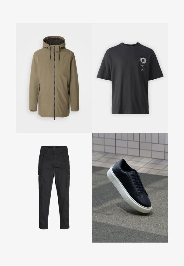 INDICODE JEANS Winterjas - olive; Zwarte katoenen t-shirt met korte mouwen, ronde hals en voorop afbeeldingen van een zon en maan, vergezeld van de tekst "Le Soleil et La Lune."; Zwarte cargobroek van stevig stof, met meerdere zakken, een knoopsluiting en een slim fit ontwerp met taps toelopende benen.; Zwarte leren sneaker met een ronde neus en een witte rubberen zool. Voorzien van platte veters en minimale stiksels op het bovenwerk. Textuurrijke zool voor grip.