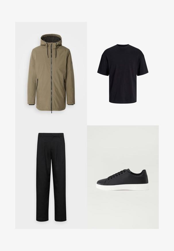 INDICODE JEANS Giacca invernale - olive; T-shirt in cotone nero con collo rotondo, maniche corte e vestibilità morbida. Texture liscia senza pattern o dettagli visibili.; Pantaloni neri realizzati in tessuto liscio, caratterizzati da un taglio dritto, due pieghe frontali e una vita standard con passanti per la cintura.; Pier One Sneakers basse - black