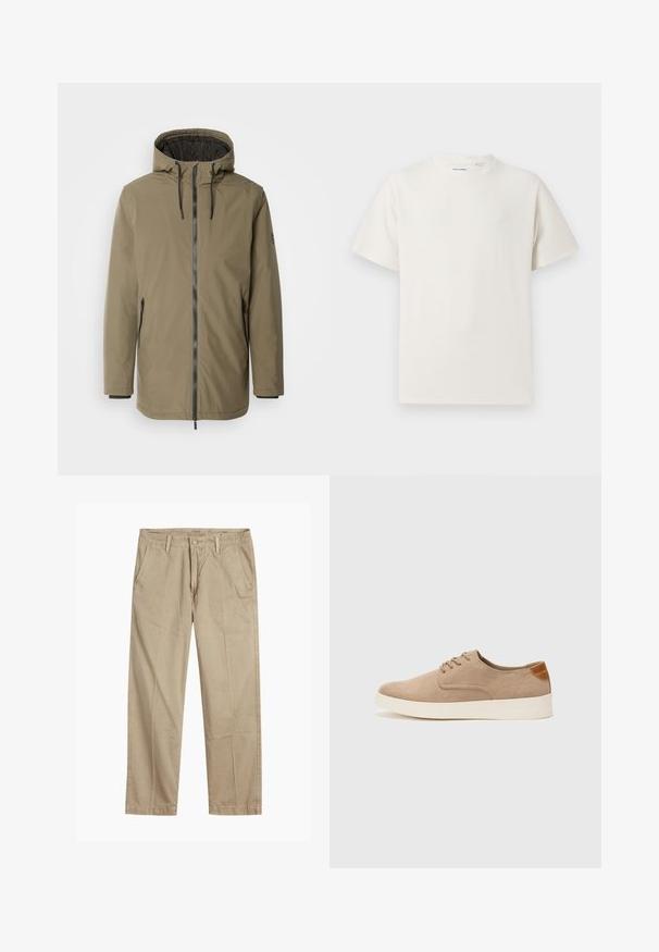 INDICODE JEANS Winterjacke - olive; Weißes T-Shirt mit kurzen Ärmeln in gerippter Textur. Runder Ausschnitt, lockere Passform, keine sichtbaren Muster oder Akzente. Einfaches und vielseitiges Design.; Beige gerade geschnittene Chinos mit Gürtelschlaufen, vorderem Knopf- und Reißverschlussverschluss sowie schrägen Fronttaschen.; Beige Wildleder-Sneaker mit runder Zehenpartie, Schnürung und strukturiertem Rückenteil. Die weiße Gummisohle sorgt für einen Kontrast. Einfaches und modernes Design.