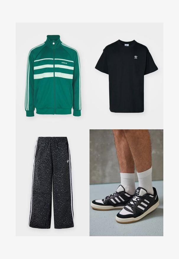 Πράσινο φούτερ με φερμουάρ, λευκές ρίγες, μακριά μανίκια, ψηλός γιακάς και ribbed cuffs. Το υλικό φαίνεται μαλακό και υφασμένο. Λογότυπο της μάρκας στο αριστερό στήθος.; Μαύρο βαμβακερό μπλουζάκι με στρογγυλή λαιμόκοψη και κοντά μανίκια, με ένα μικρό άσπρο λογότυπο Adidas στην αριστερή πλευρά του στήθους.; adidas Originals GRAPHIC UNISEX - Παντελόνι φόρμας - black; Μαύρα και λευκά αθλητικά παπούτσια με άνω μέρος από σουέτ και δέρμα, featuring τρεις λευκές ρίγες, περατά δάχτυλα και σόλα από καουτσούκ τύπου γκαστ.
