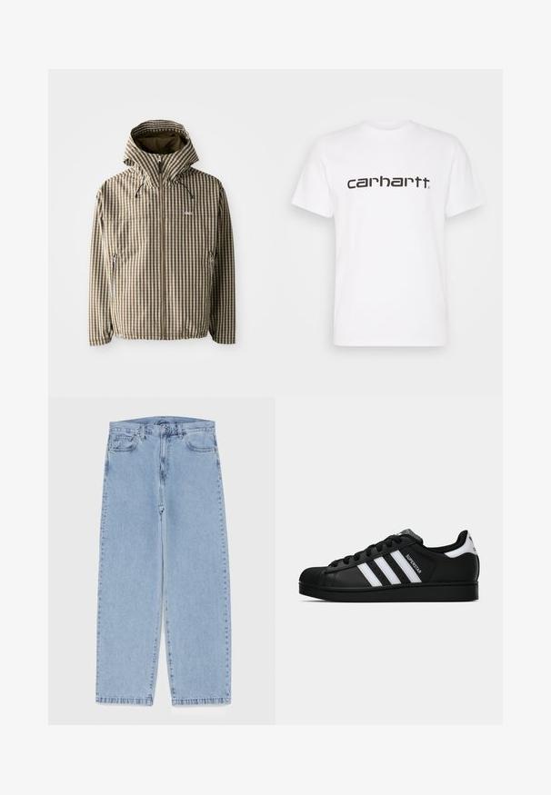 Brown and cream checkered hooded jacket with a full zip closure, side pockets, and elasticated cuffs, featuring a lightweight, waterproof material.; White cotton t-shirt with short sleeves and crew neckline. Features large "carhartt" logo in dark brown across the chest.; Light blue denim jeans with straight leg design, featuring a mid-rise waist, five pockets, and a button and zipper closure.; Black Adidas Superstar sneaker with white stripes, shell toe, and "Superstar" text on side, shown in side profile on white background.
