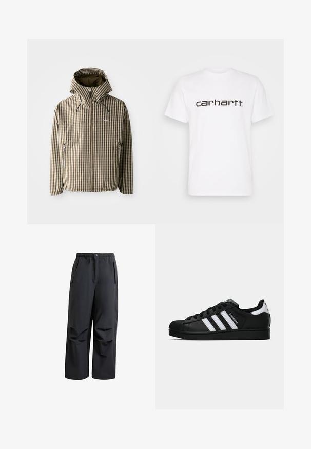 Brown and cream checkered hooded jacket with a full zip closure, side pockets, and elasticated cuffs, featuring a lightweight, waterproof material.; White cotton t-shirt with short sleeves and crew neckline. Features large "carhartt" logo in dark brown across the chest.; Black, loose-fitting pants made of soft fabric. Features an elastic waistband, button closure, and two side pockets with pleated details.; Black Adidas Superstar sneaker with white stripes, shell toe, and "Superstar" text on side, shown in side profile on white background.