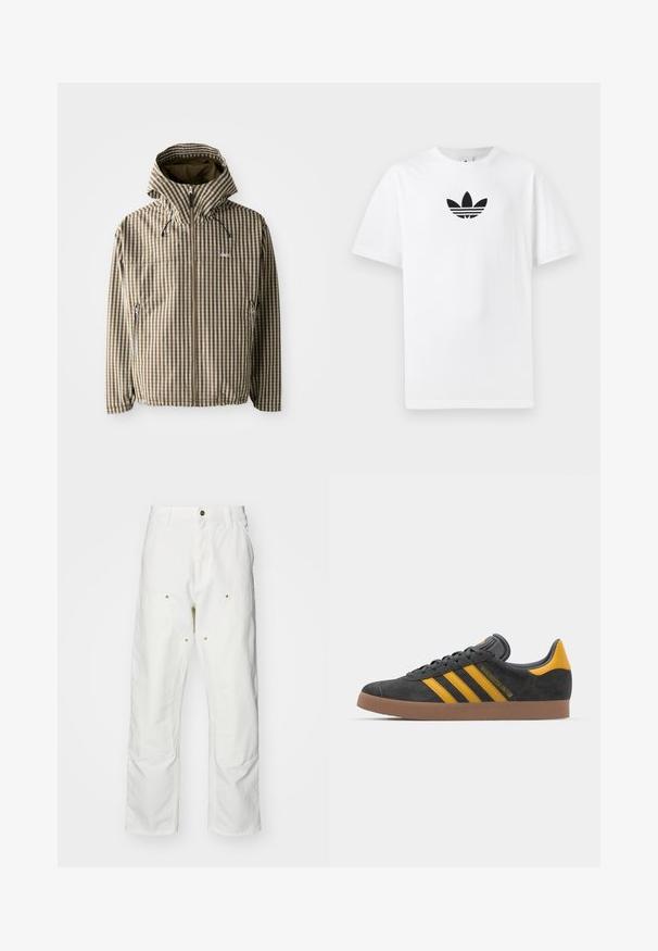 Brown and cream checkered hooded jacket with a full zip closure, side pockets, and elasticated cuffs, featuring a lightweight, waterproof material.; White cotton T-shirt featuring a black Adidas logo at the center. Short sleeves and a crew neck design. Smooth texture.; White cotton cargo pants with a relaxed fit. Features include front pockets, gold hardware accents, and reinforced knee sections.; Black suede sneaker with yellow accents, featuring three stripes and a brown rubber sole. Includes a padded tongue for comfort.