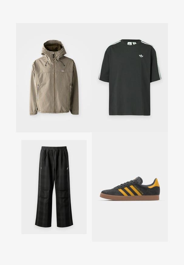 Brown and cream checkered hooded jacket with a full zip closure, side pockets, and elasticated cuffs, featuring a lightweight, waterproof material.; Black cotton t-shirt with short sleeves, crew neckline, and white three-stripe detailing on shoulders. Features a small white logo on chest.; Black plaid pants featuring an elastic waistband, two front pockets, and a loose fit with a straight leg design. Made from lightweight material.; Black suede sneaker with yellow accents, featuring three stripes and a brown rubber sole. Includes a padded tongue for comfort.