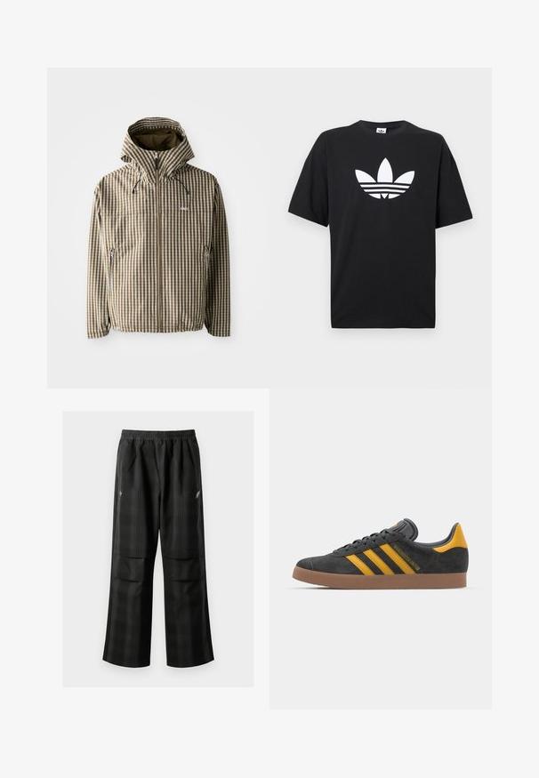 Brown and cream checkered hooded jacket with a full zip closure, side pockets, and elasticated cuffs, featuring a lightweight, waterproof material.; Black cotton t-shirt with short sleeves, featuring a large white Adidas logo and three horizontal stripes on the bottom. Classic crew neck design.; Black plaid pants featuring an elastic waistband, two front pockets, and a loose fit with a straight leg design. Made from lightweight material.; Black suede sneaker with yellow accents, featuring three stripes and a brown rubber sole. Includes a padded tongue for comfort.