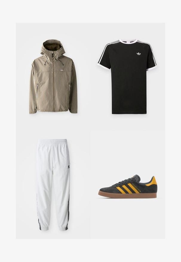Brown and cream checkered hooded jacket with a full zip closure, side pockets, and elasticated cuffs, featuring a lightweight, waterproof material.; Black t-shirt made of cotton with white accents. Features short sleeves, raglan design, and a small logo on the chest. Three white stripes on shoulders.; White athletic pants with black side stripes, elastic waistband, and cuffs; features Adidas logo on the left thigh. Smooth fabric texture.; Black suede sneaker with yellow accents, featuring three stripes and a brown rubber sole. Includes a padded tongue for comfort.