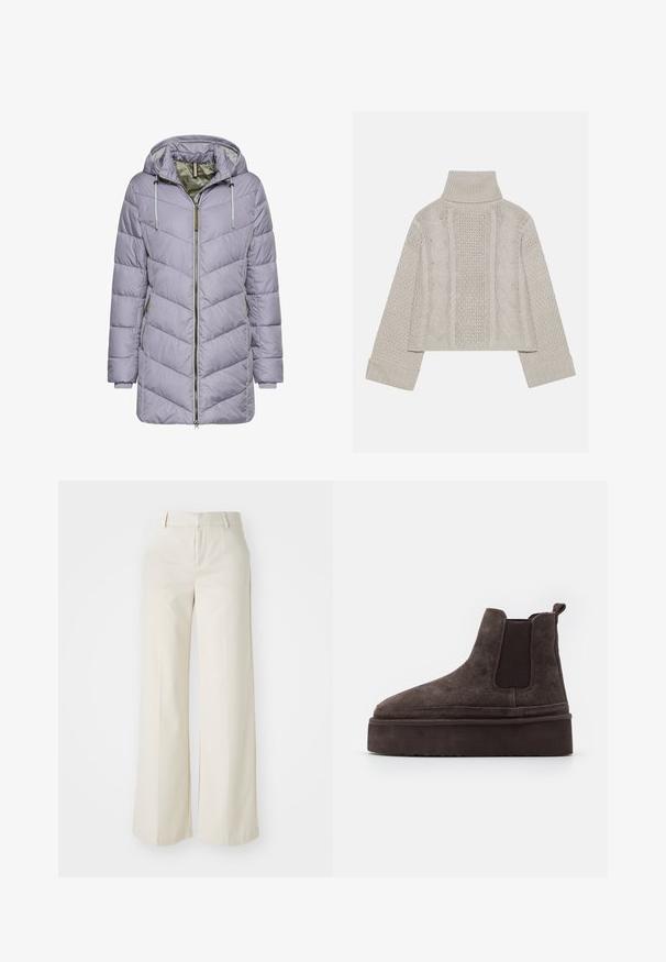 Lyse lilla polstret jakke med chevron-syninger, lynlås foran, to sidelommer og hætte med grå justerbare snore.; Afskåret, lysegrå striktrøje med højt krave og ribbede manchetter, prydet med teksturerede kabelmønstre ned ad ryggen og siderne.; Bredde ben-bukser i en lys beige farve, lavet af et glat stof. Har en klassisk talje og flad front med rene linjer.; Brune ruskinds Chelsea støvler med elastiske sidepaneler og en tyk, struktureret platåsål. Har en strop bagpå til nem påtagning.