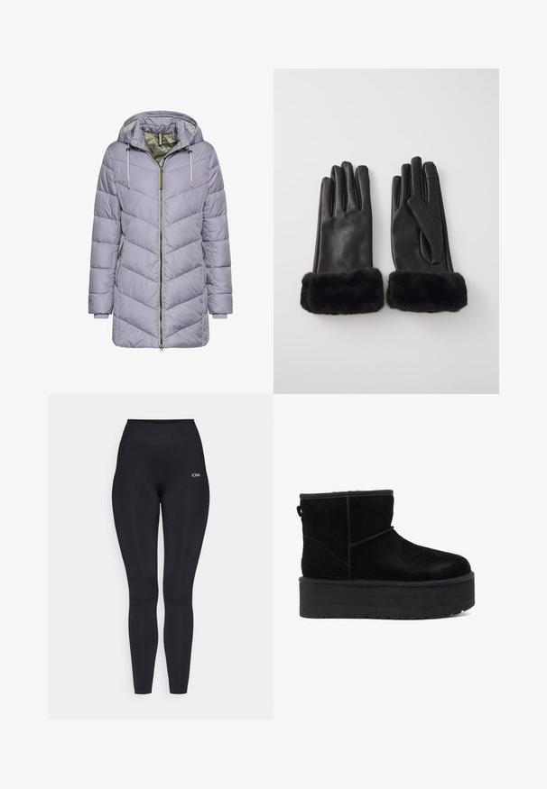 Lichtpaarse gewatteerde jas met chevronstiksels, ritssluiting aan de voorkant, twee zijzakken en een capuchon met grijze verstelbare koorden.; Zwarte, lange mouwen cropped top met een hoge halslijn. Gemaakt van gladde, aansluitende stof zonder zichtbare patronen of accenten.; Zwarte legging met een hoge tailleband, gemaakt van een gladde, rekbare stof. Bevat een klein logo detail nabij de tailleband.; Zwarte suède enkellaarzen met een dikke platformzool en een zachte voering. Afgewerkt met stikselaccenten en een achterste looplip voor eenvoudig aan- en uittrekken.; Pieces PCRUJIA SMART GLOVES - Handschoenen - black