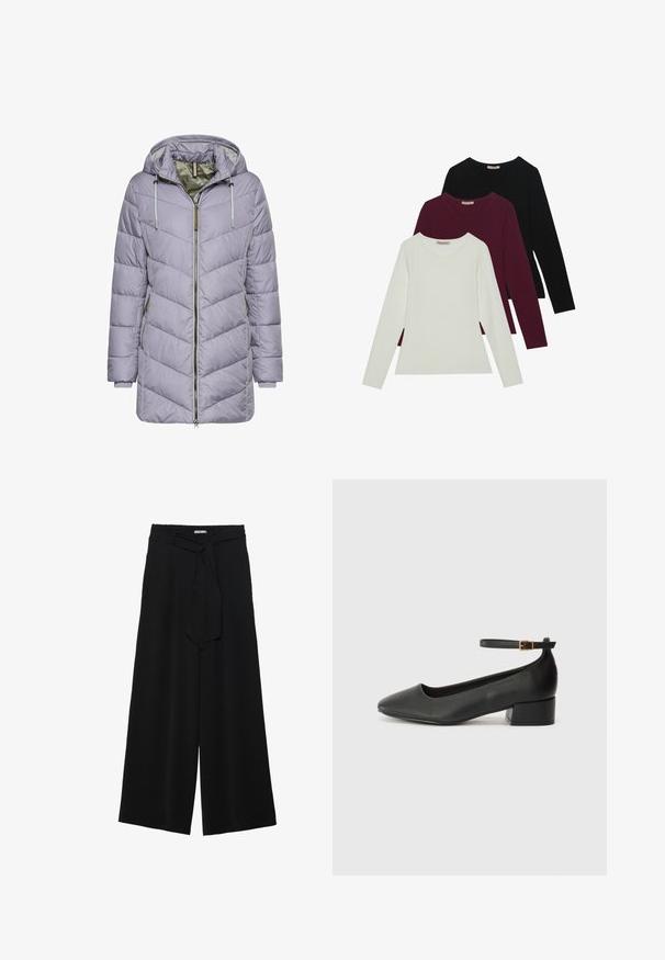 Hellblauer, gepolsterter Jacke mit Chevron-Steppung, mit Reißverschluss an der Vorderseite, zwei Seitentaschen und einer Kapuze mit grauen verstellbaren Kordeln.; Langarm-T-Shirts in Weiß, Bordeaux und Schwarz. Hergestellt aus weichem Stoff mit Rundhalsausschnitt und figurgerechtem Design. Eignen sich gut zum Schichten.; Schwarze weite Hosen aus strukturiertem Stoff, mit elastischem Bund und einem abnehmbaren Bindegürtel in der Taille für eine verstellbare Passform.; Schwarze Lederpumps mit spitzem Zehenbereich und niedrigem Blockabsatz. Mit einem Knöchelriemen und einer goldfarbenen Schnalle. Glatte Textur.