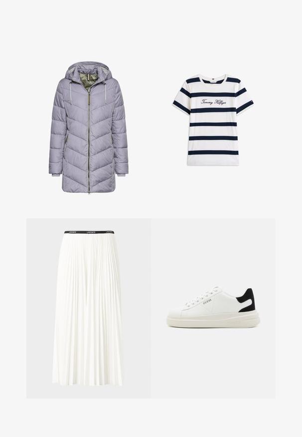 Hellblauer, gepolsterter Jacke mit Chevron-Steppung, mit Reißverschluss an der Vorderseite, zwei Seitentaschen und einer Kapuze mit grauen verstellbaren Kordeln.; Baumwoll-T-Shirt mit horizontalen navy-blauen Streifen auf weißem Hintergrund. "Tommy Hilfiger" in Kursivschrift auf der Brust gestickt. Runder Halsausschnitt.; Faltenrock aus Weiß mit einem schwarzen elastischen Bund, der das "LACOSTE"-Logo trägt. Mittellanges Design mit weicher Textur.; Weiße Leder-Sneaker mit einer dicken weißen Sohle, schwarzem Wildlederakzent an der Ferse und geprägtem Logo an der Seite. Schnürdesign mit sechs Ösen.