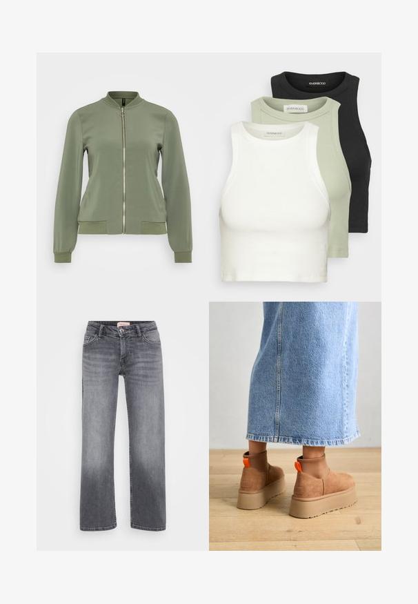 Svetlozelená bomber bunda s hladkým povrchom, rebrovaným golierom a manžetami, predným zipsom a bočnými vreckami s rebrovanými detailami.; Sada troch ribovaných crop topov v bielej, svetlozelenej a čiernej farbe. Každý má okrúhly výstrih a bezrukávový dizajn. Mäkký bavlnený materiál.; Sivé džínsy s rovnými legami, pätkový strih, jemné vyblednutie a gombíkový uzáver v páse.; Hnedé zamskové platformové čižmy s elastickými bočnými panelmi a oranžovými ťahákmi, v kombinácii s sukňou z ľahkého denimu po kolená, na drevenej podlahe.