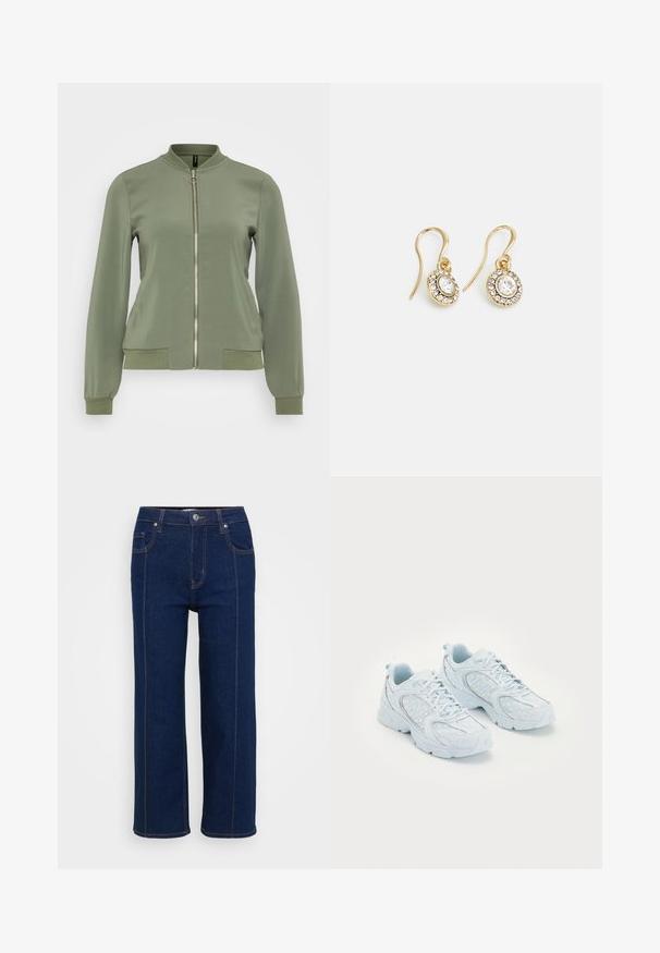 Hele roheline bomberjakk, millel on sile materjal, soonikkoes krae ja mansetid, ees lukk ja külje taskud soonikkoes detailidega.; Valge ilma varrukateta bodi kõrge kaelusega ja stripp-põhjaga. Sile tekstuur ja sobiv siluett, disainitud kehaigavaks väljanägemiseks.; Tumedad sinised sirged teksad nööp sulgemisega, esi- ja tagataskud ning nähtavad oranžid õmblused õmblustes.; Heledad sinised spordijalatsid, mille ülemine osa on valmistatud võrgust ja sünteetilisest materjalist, millel on valged täpid ja peegeldavad detailid, nööridega disain ja pehmendatud tallad.; Kuldtooni kõrvarõngad ovalikujuliste selgete kristallidega, mille ümber on väiksemad selged kivid, ja kaarvormiga disain, et tagada kindel kandmine.