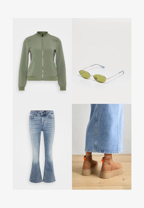 Šviesiai žalias bomberio tipo džemperis, pasižymintis lygiu audiniu, tekstūruotu apykakle ir rankovėmis, priekiniais užtrauktukais ir šoninėmis kišenėmis su tekstūruotais akcentais.; Even&Odd Petite 3 PACK - Ilgarankovis viršutinės dalies drabužis - black/white/light green; Šviesiai mėlyni flared džinsai, pagaminti iš džinsinio audinio, su klasikiniu penkių kišenių dizainu, priekiniais užtrauktukais ir subtiliu blukimu ant šlaunų.; Rudos zomšiniai platforminiai batai su elastingomis šoniniais panirais ir oranžinėmis kilpomis, derinami su kelio ilgio šviesių džinsų sijonu ant medinių grindų.; Alyvos spalvos saulės akiniai su plonu auksiniu rėmu ir mėlynais akcentuotais šonais. Ovalūs objektyvai ir minimalistiškas dizainas.