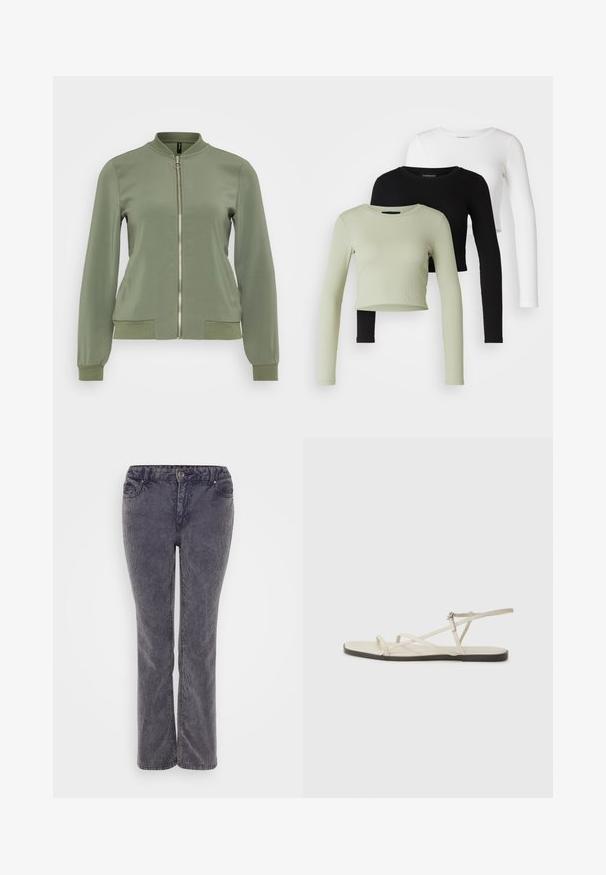 Svetlozelená bomber bunda s hladkým povrchom, rebrovaným golierom a manžetami, predným zipsom a bočnými vreckami s rebrovanými detailami.; Even&Odd Petite 3 PACK - Top s dlhým rukávom - black/white/light green; Sivé denimové džínsy so strihom rovného nohu, ktoré majú zips, päť vreciek a jemné detaily textúry látky.; Béžové ploché sandále s viacerými štíhlymi popruhmi a nastaviteľnou prackou. Podrážka je plochá s jemným tmavým kontrastom na okraji.