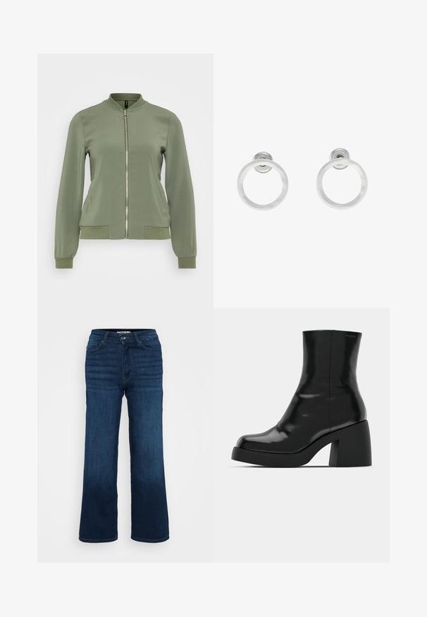 Light green bomber jacket featuring a smooth fabric, ribbed collar and cuffs, front zipper, and side pockets with ribbed accents.; Even&Odd Petite 2 PACK - Top - light grey/black; ONLY Petite ONLMADISON BLUSH WIDE - Wide Leg - dark blue denim; Black ankle boots with a glossy finish, square toe, and a thick block heel. The design features a seamless silhouette and minimal branding.; Silver metal hoop earrings with a brushed texture, featuring a circular design and a clear post back for secure wear.