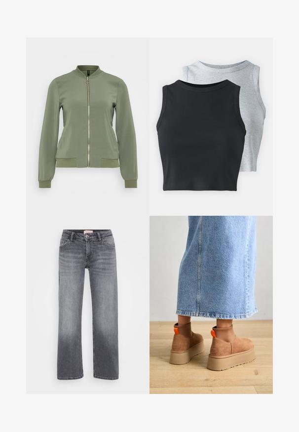 Giacca bomber verde chiaro con tessuto liscio, colletto e polsini a coste, zip frontale e tasche laterali con dettagli a coste.; Even&Odd Petite 2 PACK - Top - light grey/black; Jeans in denim grigio con design a gamba dritta, stile a cinque tasche, leggera sbiaditura e chiusura con bottone in vita.; Stivali platform in suede marrone con pannelli laterali elastici e linguette arancioni, abbinati a una gonna di jeans chiara, lunga fino al ginocchio, su un pavimento di legno.