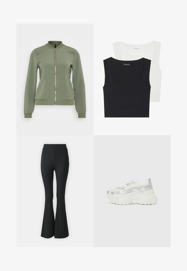 Lys grønn bomberjakke med et glatt stoff, ribbestrikket krage og mansjetter, frontglidelås og sidelommer med ribbestrikkede detaljer.; To tank topper i svart og hvit, laget av elastisk stoff. Har en rund halslinning og jevn søm i kantene. Merkeetikett synlig.; Svarte vide bukser laget av elastisk stoff. Har høy midje og en glatt, tettsittende design som vidder ut fra kneet og nedover.; Sølv sneakers med en teksturert mesh-overdel og iriserende aksenter, med en kraftig hvit såle og snørelukking.