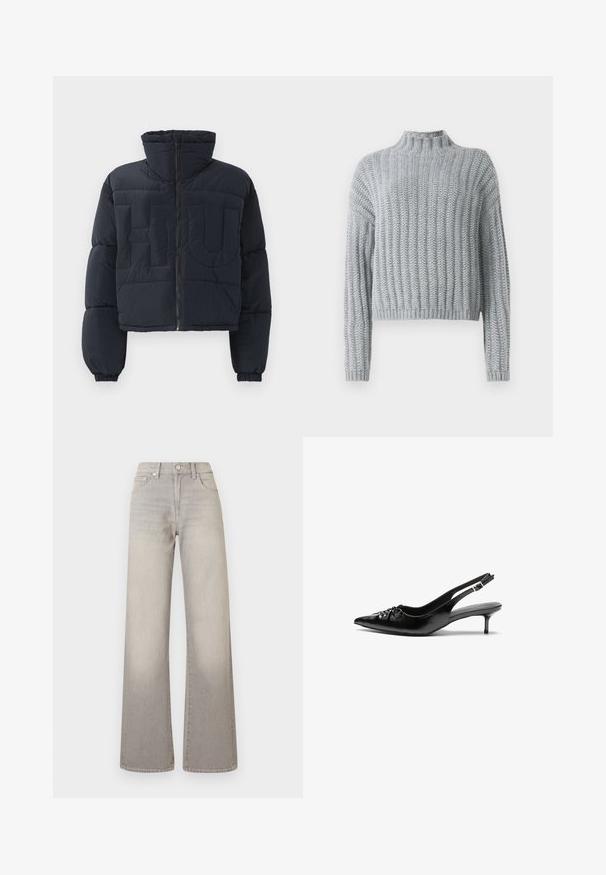 Zwarte cropped pufferjack met hoge kraag, rits aan de voorkant, elastische manchetten en grote gequilte reliëfletters "FLU" op de borst.; Lichtgrijze chunky gebreide trui met geribd patroon, hoge hals, lange mouwen en een iets cropped pasvorm.; Witte langemouwige button-up shirt in een gladde katoenmix. Voorzien van een klassieke kraag, een knoopsluiting aan de voorkant en afgeronde manchetten.; Grijze wijde jeans met een vervaagde afwerking, knoopsluiting, vijfzakkenontwerp en gestikte details langs de naden.; Zwarte leren slingback hakken met een spitse neus, kleine kittenhak en een decoratieve knoopdetail aan de voorkant. Smooth textuur overal.