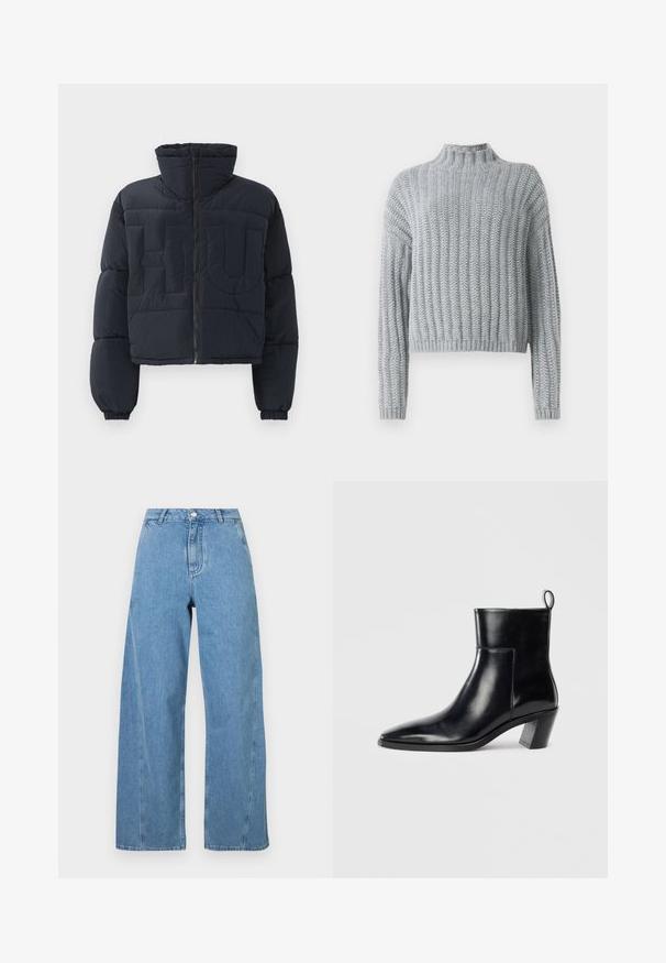 Zwarte cropped pufferjack met hoge kraag, rits aan de voorkant, elastische manchetten en grote gequilte reliëfletters "FLU" op de borst.; Lichtgrijze chunky gebreide trui met geribd patroon, hoge hals, lange mouwen en een iets cropped pasvorm.; Witte langemouwige button-up shirt in een gladde katoenmix. Voorzien van een klassieke kraag, een knoopsluiting aan de voorkant en afgeronde manchetten.; Lichtblauwe wijde jeans gemaakt van denim, met een hoge taille, rechte snit en contrasterende stiksels langs de naden.; Zwarte leren enkelboot met een spitse neus, een geometrische gestapelde hak en een trekband aan de achterkant. Gladde textuur en slank ontwerp.