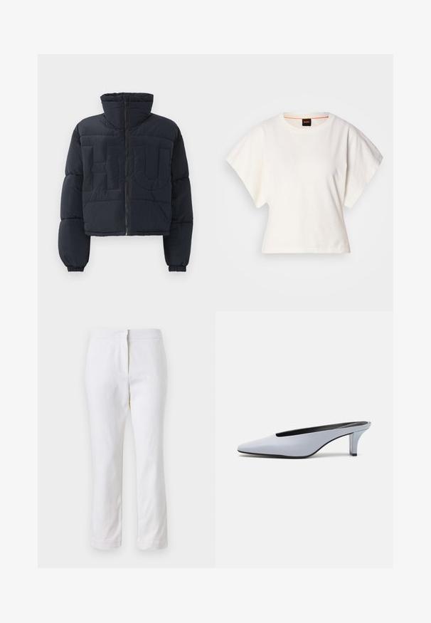 Casaco puff preto cortado com gola alta, fecho frontal, punhos elásticos e letras grandes embutidas em matelassê "FLU" no peito.; T-shirt branco cropped, mangas curtas e largas, material de algodão suave, decote redondo com um discreto acabamento laranja, design minimalista, sem padrões ou gráficos.; Calças de algodão brancas com um design de perna reta, apresentando uma cintura de altura média e sem hardware ou padrões visíveis. Textura suave por toda a peça.; Mule de pele patente azul claro com bico alongado, salto baixo transparente e um design elegante com um recorte no vamp.