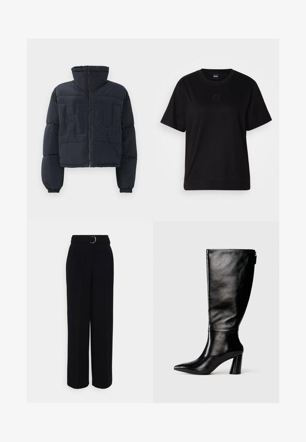 Black cropped puffer jacket with high collar, front zipper, elastic cuffs, and quilted large embossed letters "FLU" on the chest.; Black cotton t-shirt with a crew neckline, short sleeves, and an embroidered logo on the chest. Simple, relaxed fit with no patterns.; Black tailored pants with a wide-leg silhouette, featuring a belt with a silver buckle, pleats, and a smooth fabric texture.; Knee-high black leather boot with a pointed toe, smooth texture, and a chunky heel. Features a zipper detail at the back.