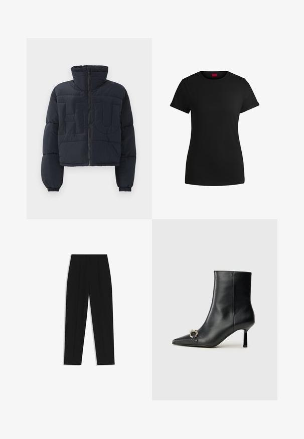 Zwarte cropped pufferjack met hoge kraag, rits aan de voorkant, elastische manchetten en grote gequilte reliëfletters "FLU" op de borst.; Zwart katoenen T-shirt met korte opgerolde mouwen, een ronde halslijn en een rood label. Glad textuur, aansluitende pasvorm met minimale details.; Zwarte broeken met een rechte pasvorm, voorzien van dubbele plooien, een zachte textuur en een klassiek taillebandontwerp. Geen zichtbare hardware of accenten.; Zwarte leren enkelboot met spitse neus, slanke middenhoge hak en zilveren gespdetail aan de zijkant op een effen achtergrond.