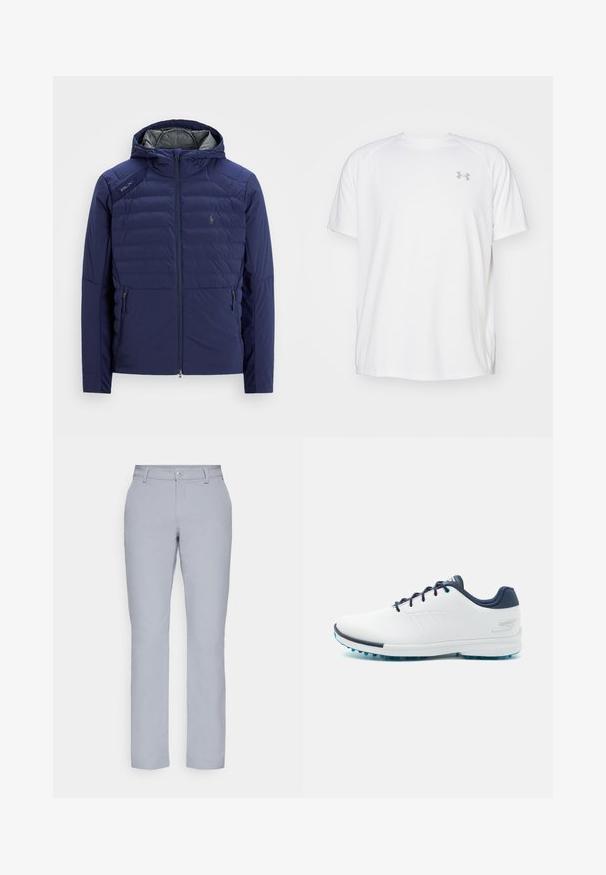 Tums zils quiltēts mētelis ar kapuci, priekšā ar rāvējslēdzēju, ar rāvējslēdzēja sānu kabatām, RLX plāksters uz pleca un izšūta logo uz krūtīm.; Baltas īsajiem piedurknēm sporta krekls, izgatavots no gludas auduma. Tam ir apaļa kakla izgriezums un pelēks logo uz kreisās krūtis, kā arī sānu šķēlumi apakšmalā.; Gai pelēki bikses ar taisnu griezumu, pogu aizdari, priekšējām kabatām un gludu, teksturētu audumu. Minimalistiska dizaina, bez rakstiem.; Baltas sporta apavos ar gludu sintētisku virsu, ziliem akcentiem, teksturētu tumši zilu papēdi un vieglu, ar kājām izstrādātu zoli, kas nodrošina saķeri.