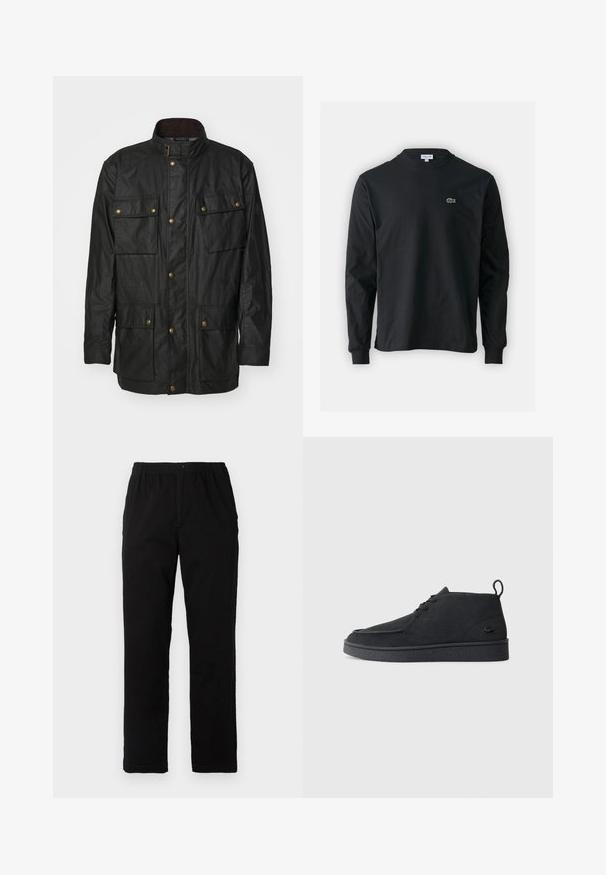 Belstaff FIELDMASTER JACKET - Summer jacket - black; Black long-sleeve t-shirt made of cotton, featuring a round neckline and a small green embroidered crocodile logo on the left chest.; Black pants made of cotton blend fabric, featuring a straight cut, elastic waistband with button, and no visible patterns or accents.; Black suede lace-up ankle boot with pull tab and textured sole, featuring small embossed crocodile logo on the side.