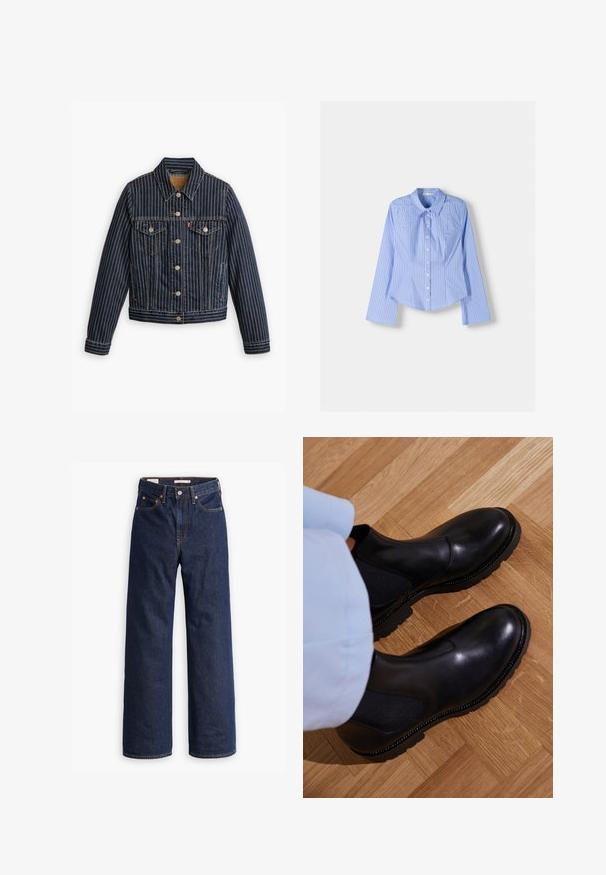 Blå denimjakke med hvide lodrette striber, knapfront, to brystlommer og en krave. Syninger synlige langs sømmene.; Blå og hvidstribet langærmet skjorte med knaplukning, spredt krave, skræddersyet pasform og buet nederste kant. Tekstureret bomuldsstof.; Mørkeblå straight-leg denim jeans med fem lommer, orange syninger og knaplukning.; Sorte ankelstøvler lavet af glat læder med elastiske sidepaneler, en tekstureret gummisål og kontraststing langs kanten.