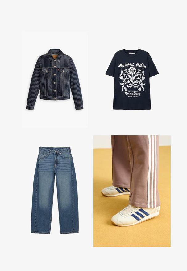 Kék farmerdzseki fehér függőleges csíkokkal, gombos elülső résszel, két mellzsebbel és gallérral. Az varrás a varratokon látható.; Tengerészeti rövid ujjú póló fehér virágmintával és a következő szövegekkel: "A Virágarchívum", "Az Evermist Kertészeti Társaság" és "Vadvirágok Kft."; Széles szárú kék farmernadrág, amely klasszikus öt zsebes dizájnnal rendelkezik, elhalványult mosású és tónusos varrással.; Krém színű sneakers, kék velúr csíkokkal, fehér fűzővel és gumitalppal. Szürke melegítőnadrággal párosítva, fehér oldalsó csíkokkal.