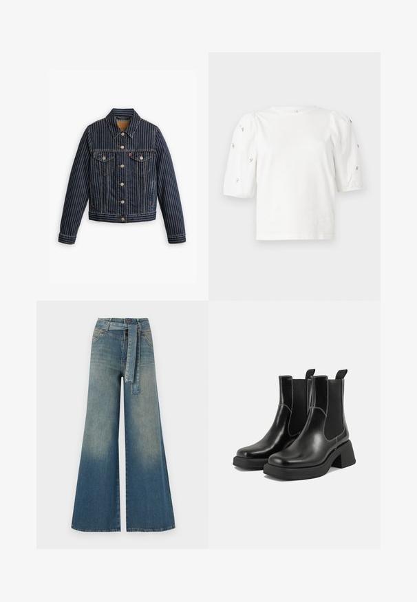 Plava traper jakna s bijelim vertikalnim prugama, gumba naprijed, dva džepa na prsima i ovratnikom. Šavovi su vidljivi duž šavova.; Bijela pamučna majica s kratkim puf rukavima, s malim srebrnim ukrasima duž rukava. Klasičan okrugli izrez, opušteni kroj.; Široke traperice s gradijentom od svijetloplave do tamnoplave, visokog struka, petljama za remen i remenom od istog materijala. Teksturirana traper tkanina.; Crne kožne Chelsea čizme s debelim potplatom, elastičnim bočnim panelima i kontrastnim bijelim šavovima. Teksturirana površina.